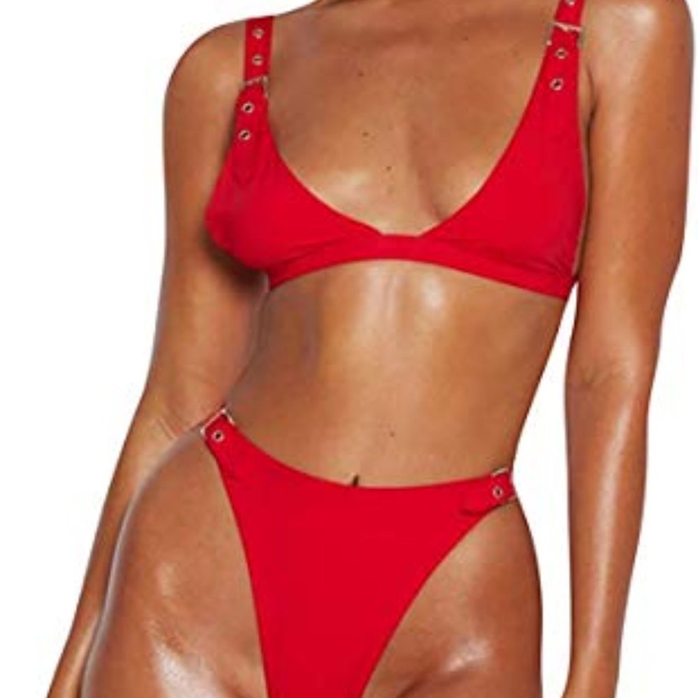 Red Bikini Adjustable Buckle High Cut Thong Set